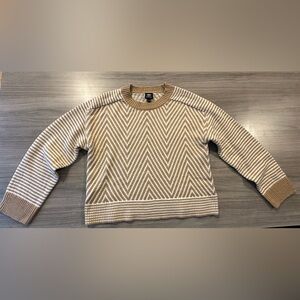 Bobeau Mitered/Stripe Pullover Sweater, Ivory/Tan, Size S